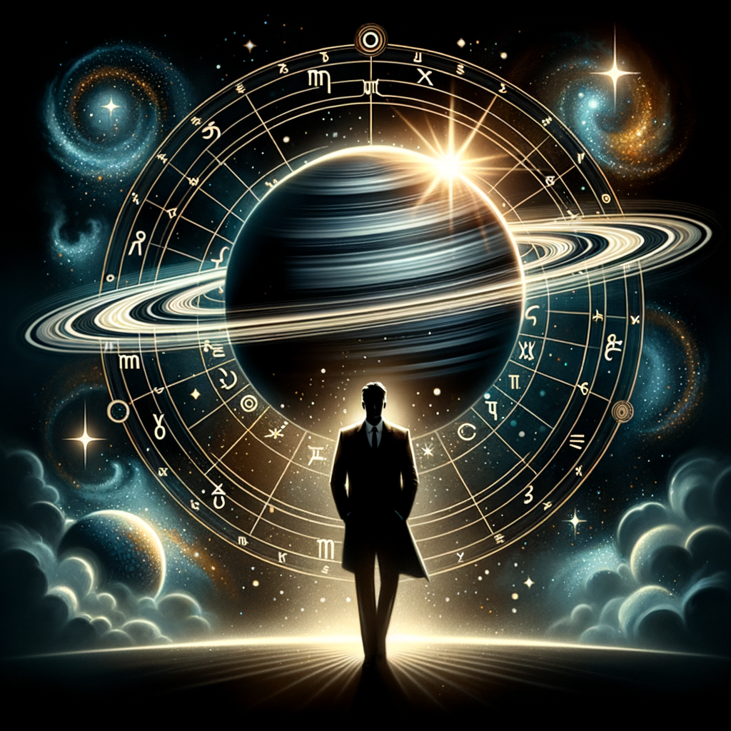 Saturne en première maison d'un thème natal, représenté à côté d'un horizon ascendant symbolisant l'ascendant et l'image personnelle
