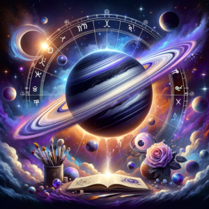Le glyphe de Saturne se trouve dans la cinquième maison d'un thème astrologique, à côté de symboles du jeu et de la créativité.