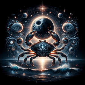 Illustration du symbole de Lilith la Lune Noire près d'un croissant de lune avec le glyphe du crabe du Cancer, sur un fond sombre étoilé et aquatique.