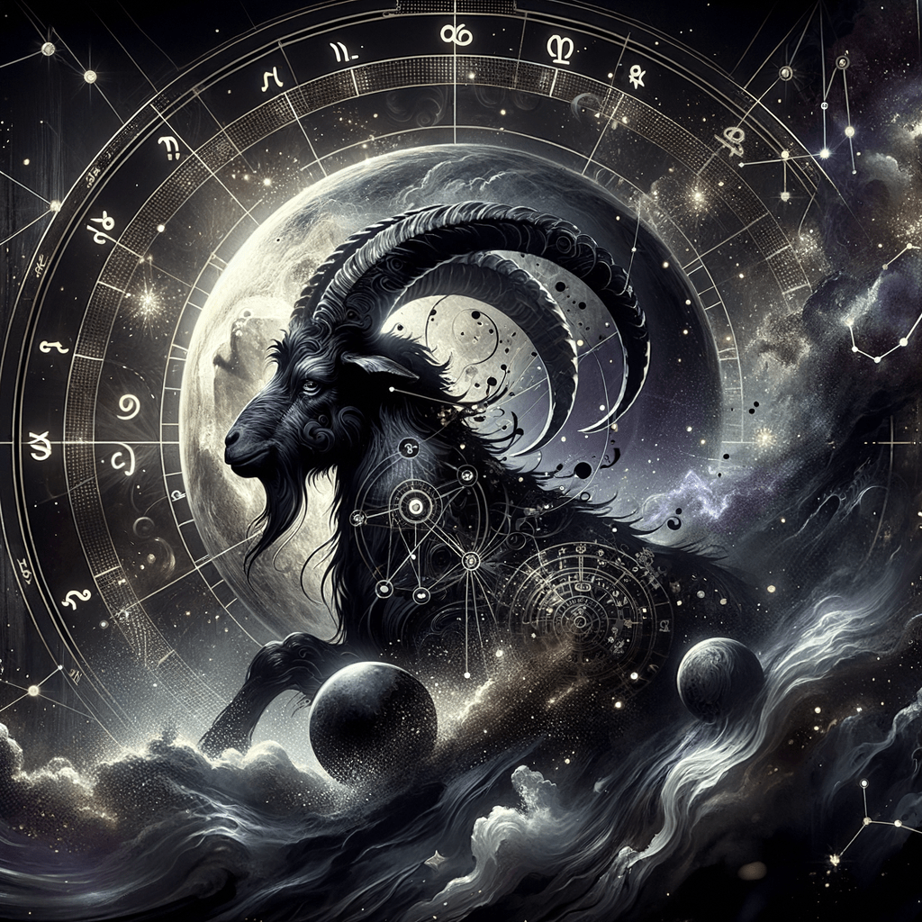 Black Moon Lilith in Capricorn shown as dark crescent beside Capricorn goat glyph over starry purple sky.