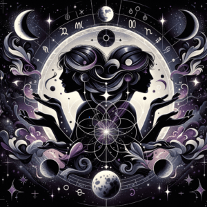 Le symbole de la Lune Noire Lilith à côté du glyphe des Gémeaux sur un ciel étoilé, symbolisant la dualité et la communication