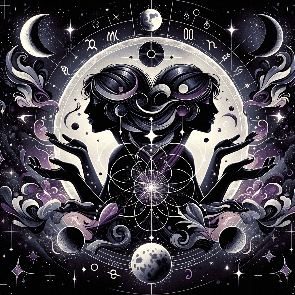Black Moon Lilith symbol beside Gemini twins glyph over a starry sky, symbolizing duality and communication