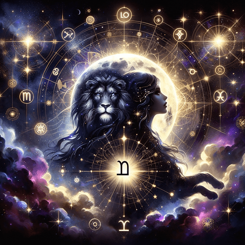 Black Moon Lilith symbol over a stylized golden Leo lion and zodiac wheel on a starry background.