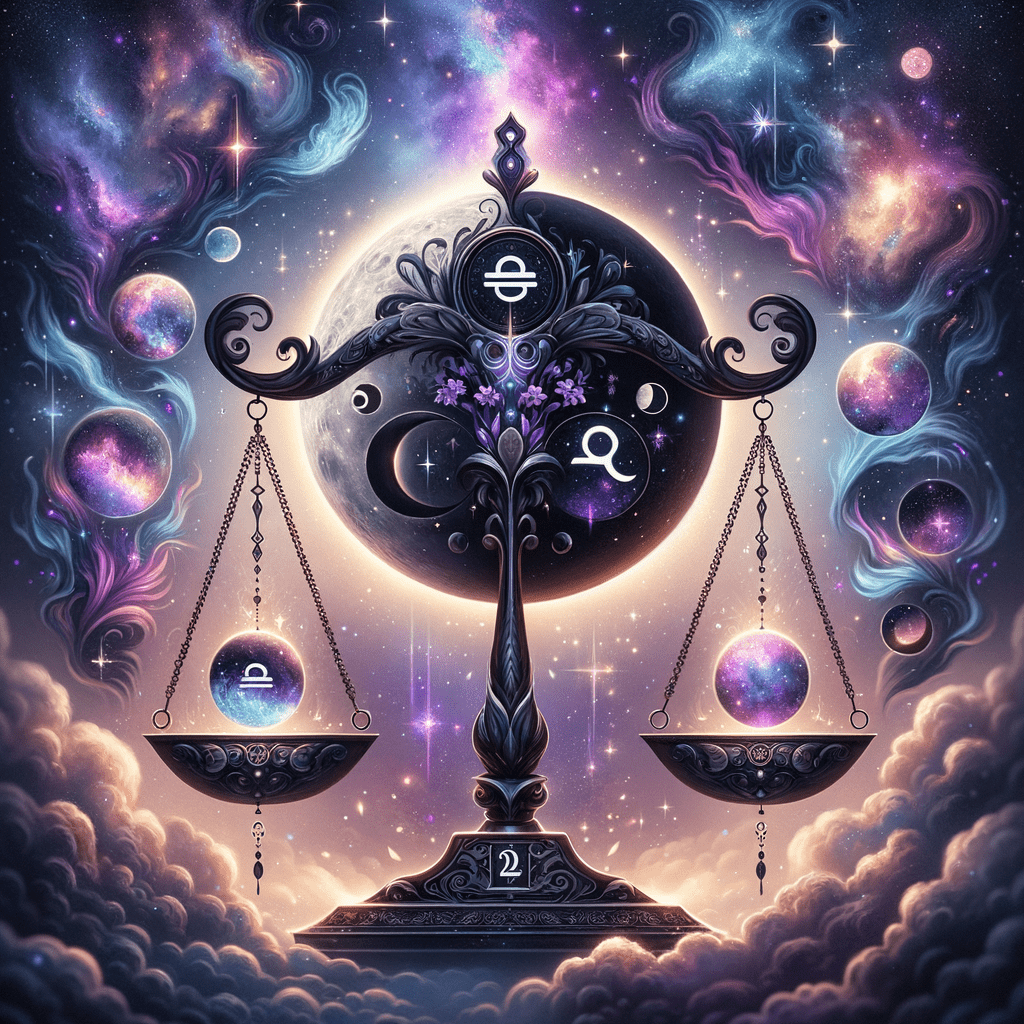 Black Moon Lilith glyph beside Libra scales on a dark starry background, representing Lilith in Libra in a natal chart.