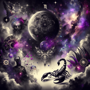 Symbole de Lilith, la Lune Noire, entrelacé avec un scorpion du Scorpion et un croissant de lune sur fond sombre et étoilé