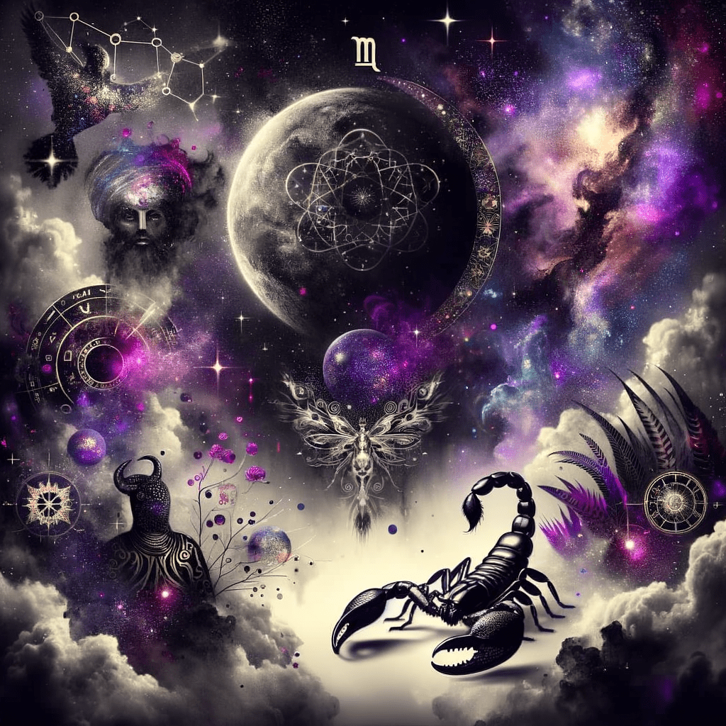 Black Moon Lilith symbol entwined with a Scorpio scorpion and crescent moon on dark, starry background