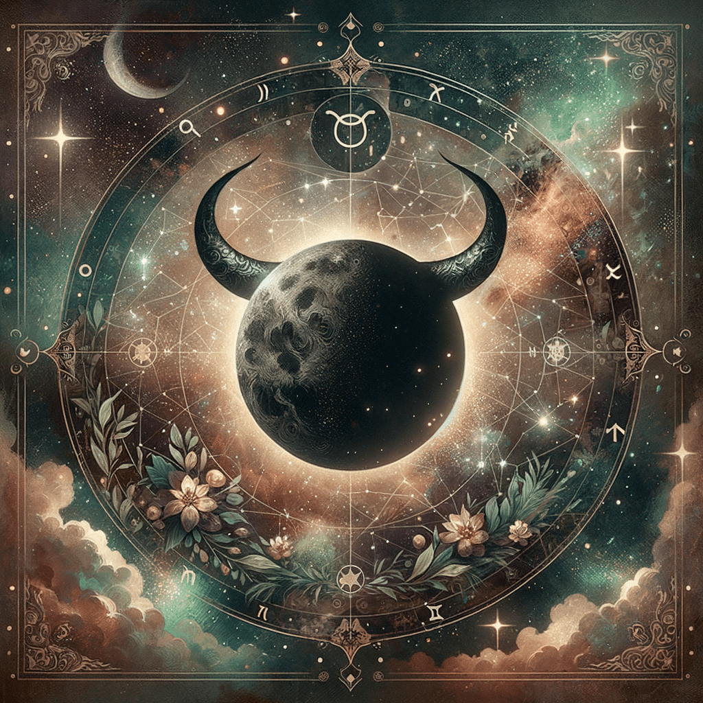 Black Moon Lilith in Taurus: dark lunar symbol above a stylized Taurus bull with earthy tones and astrological glyphs.