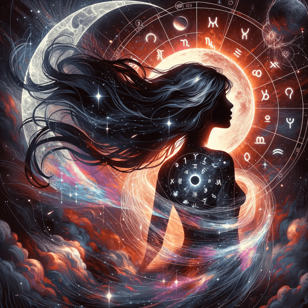 Black Moon Lilith symbol over a shadowed portrait and astrological first-house chart, dark cosmic purple background