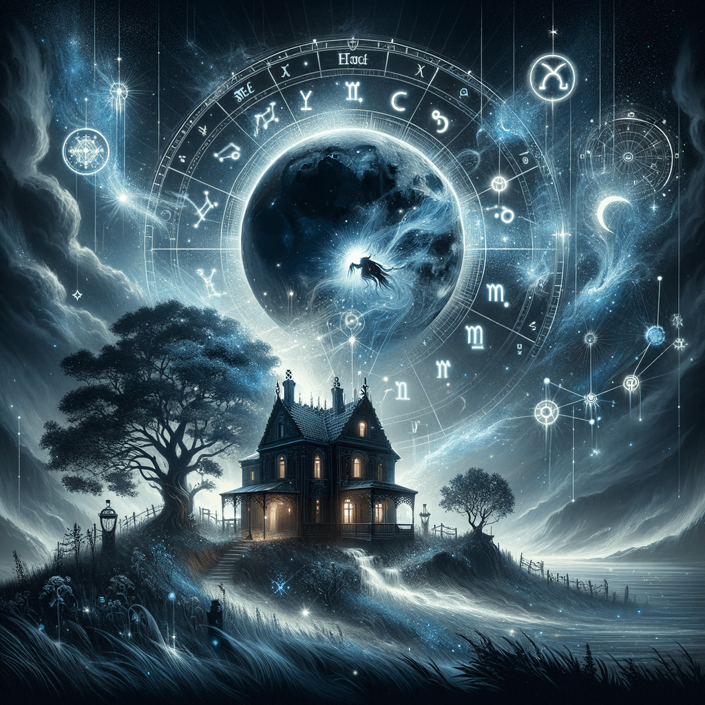 Symbole de Lilith et de la Lune Noire au-dessus d'une maison avec des racines, représentant Lilith dans la quatrième maison