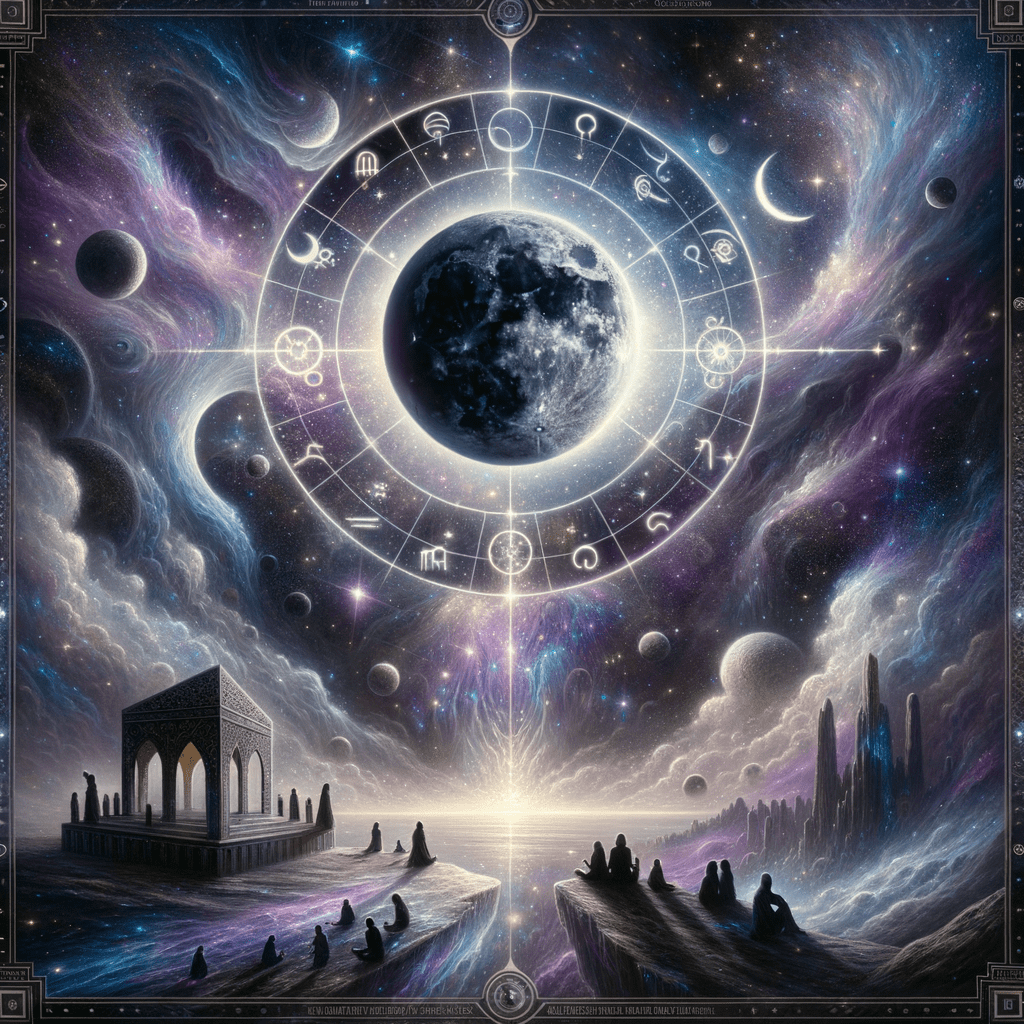Black Moon Lilith symbol above a globe and open book against a starry sky, evoking the ninth house of travel and philosophy.
