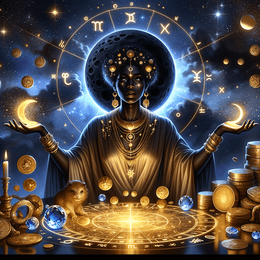 Black Moon Lilith glyph above a zodiac second-house wheel with coins and a heart representing self-worth