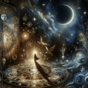 Le glyphe de Lilith de la Lune Noire se superpose à une roue zodiacale assombrie, mettant en évidence la douzième maison, les étoiles et la brume.