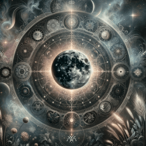 Black Moon Lilith in Virgo: the Lilith symbol beside the Virgo glyph on a dark starry sky, marking the far point of the Moon orbit.