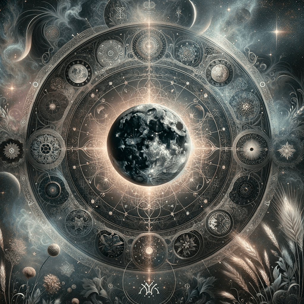 Lune Noire Lilith en Vierge : le symbole de Lilith à côté du glyphe de la Vierge sur un ciel étoilé sombre, marquant le point le plus éloigné de l’orbite lunaire.