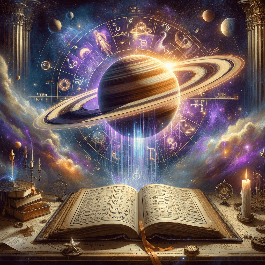Saturne en maison X du thème natal, représenté au-dessus d'un ciel nocturne symbolisant la carrière et la notoriété.