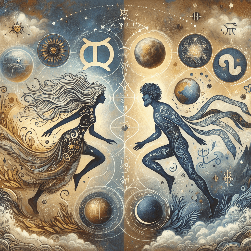 Les symboles des Gémeaux et du Capricorne (chèvre de mer) se font face au milieu des étoiles, symbolisant la compatibilité entre les Gémeaux et le Capricorne.