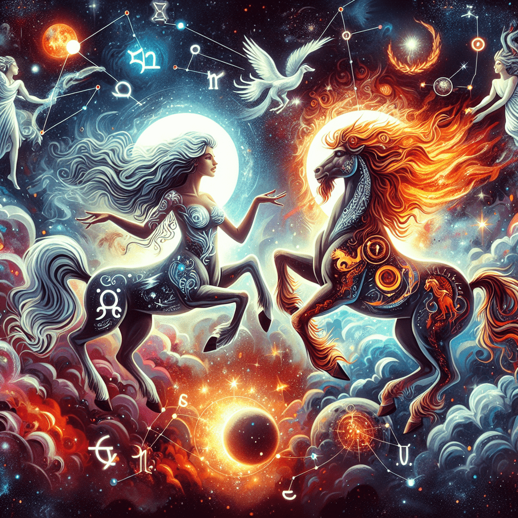 Les Gémeaux et le Sagittaire échangent des bulles de dialogue et des flèches au milieu des étoiles, symbolisant la compatibilité et l'aventure.