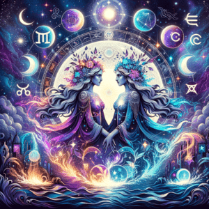 La lune se superpose aux symboles des signes astrologiques des Gémeaux et du Verseau, reliés par des étoiles, sur un fond cosmique bleu.