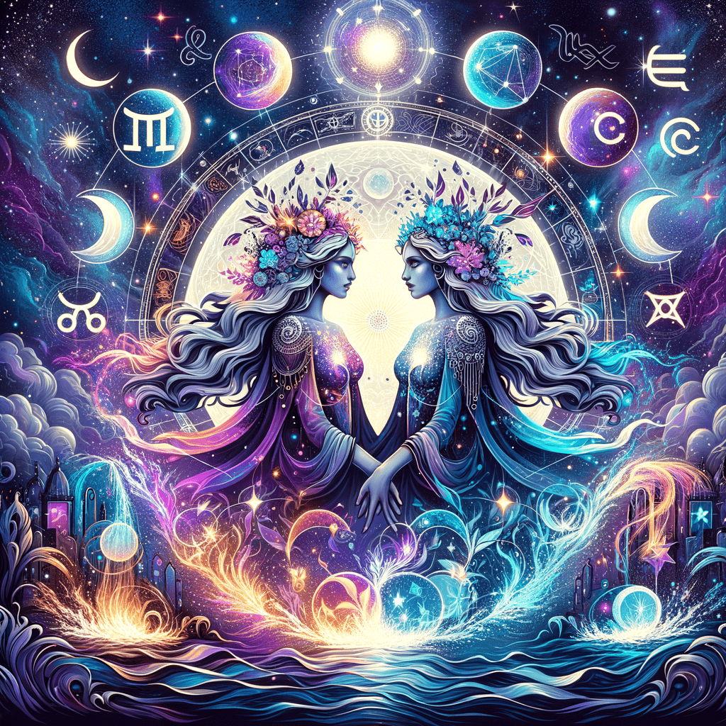 Moon overlaid with Gemini and Aquarius zodiac symbols linked by stars on a blue cosmic background.
