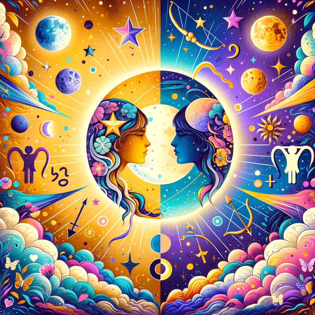 Moon between Gemini twins and Sagittarius archer symbols connected by stars, illustrating Gemini and Sagittarius compatibilit