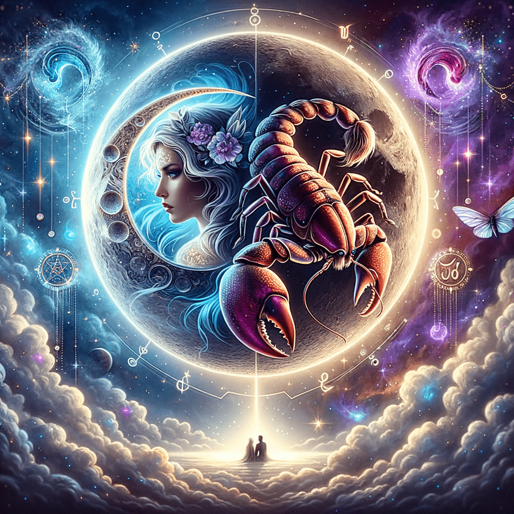 Moon sign compatibility graphic: moon centered between Gemini and Scorpio zodiac symbols
