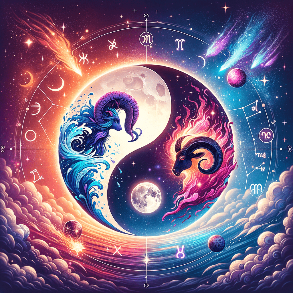 Moon with Pisces fish and Aries ram icons in blue and red, evoking emotional (Pisces) and fiery (Aries) compatibility