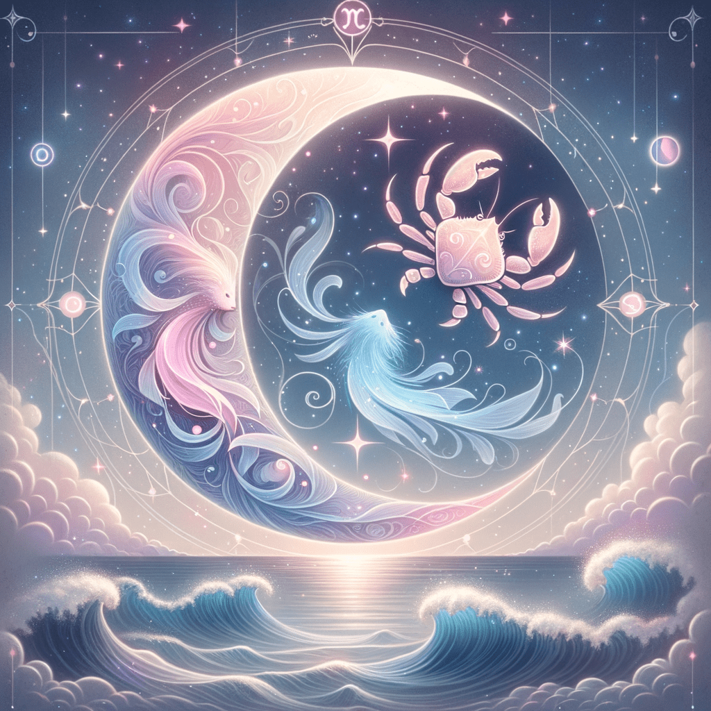Croissant de lune entre les symboles astrologiques du Poisson et du Cancer sur un doux fond bleu-rose étoilé