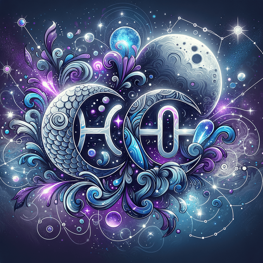 Moon with Pisces and Gemini zodiac symbols facing each other, stars and watercolor background symbolizing compatibility.