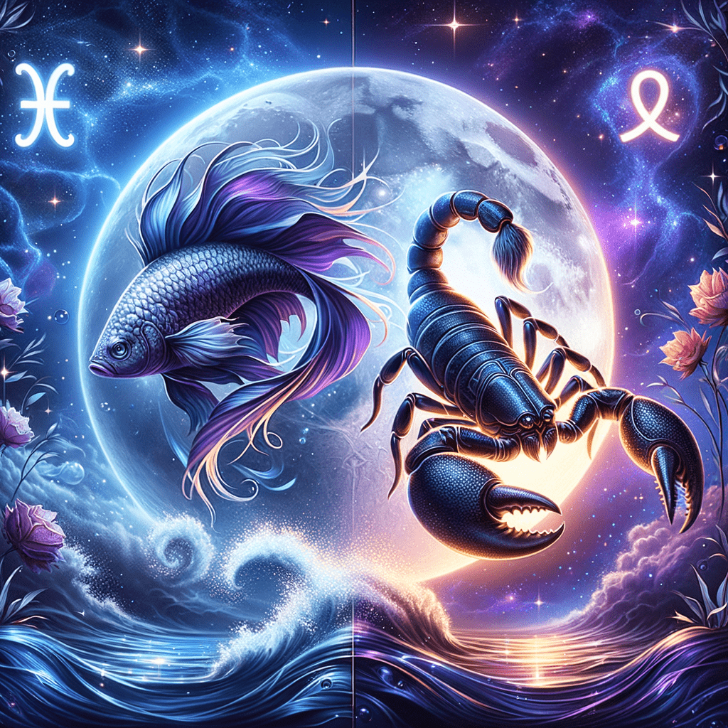 La Lune entre les symboles astrologiques des Poissons et du Scorpion, illustrant la connexion émotionnelle et la compatibilité.