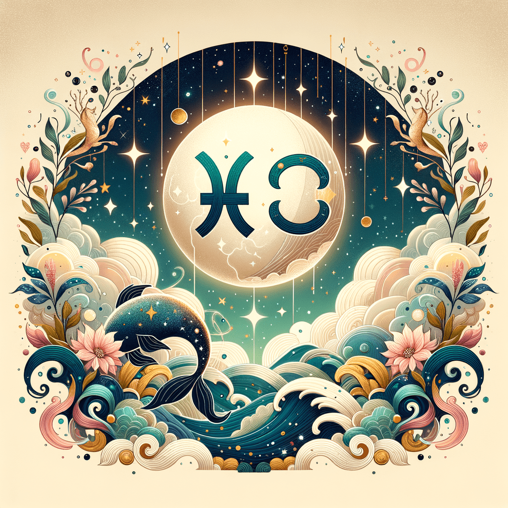 La lune surplombe les symboles entrelacés des Poissons et du Taureau, au-dessus de textures aquatiques et terrestres, symbolisant la compatibilité des signes lunaires.