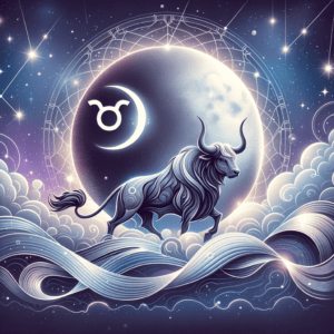 Graphic of moon with Taurus bull and Aquarius water-bearer symbols facing off, representing moon sign compatibility