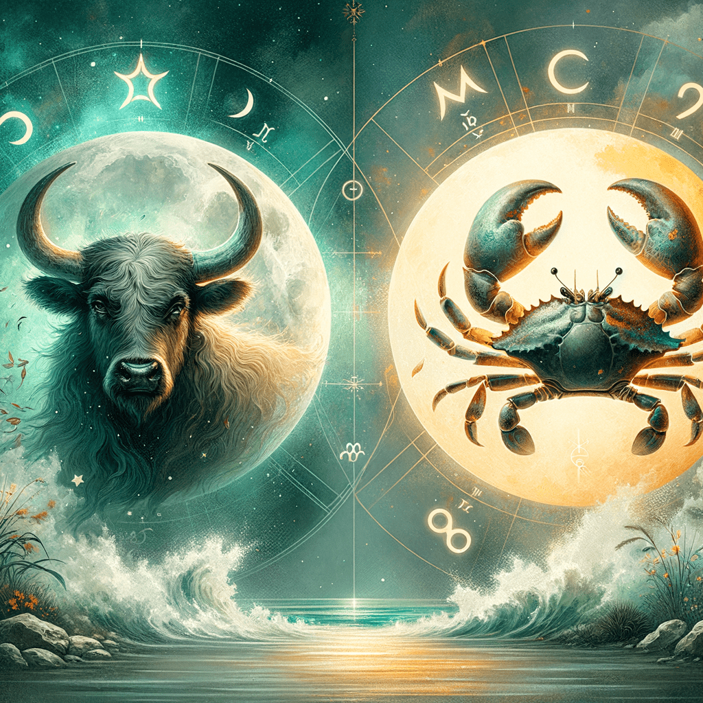 Taurus bull and Cancer crab zodiac symbols beside a glowing moon, representing moon sign compatibility.