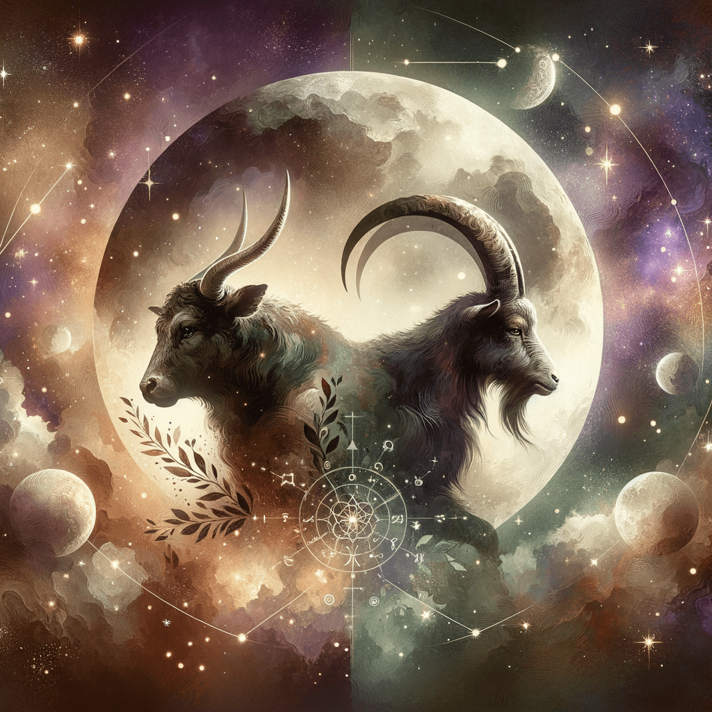 Taurus and Capricorn zodiac symbols beside a moon in earthy tones, illustrating moon sign compatibility.