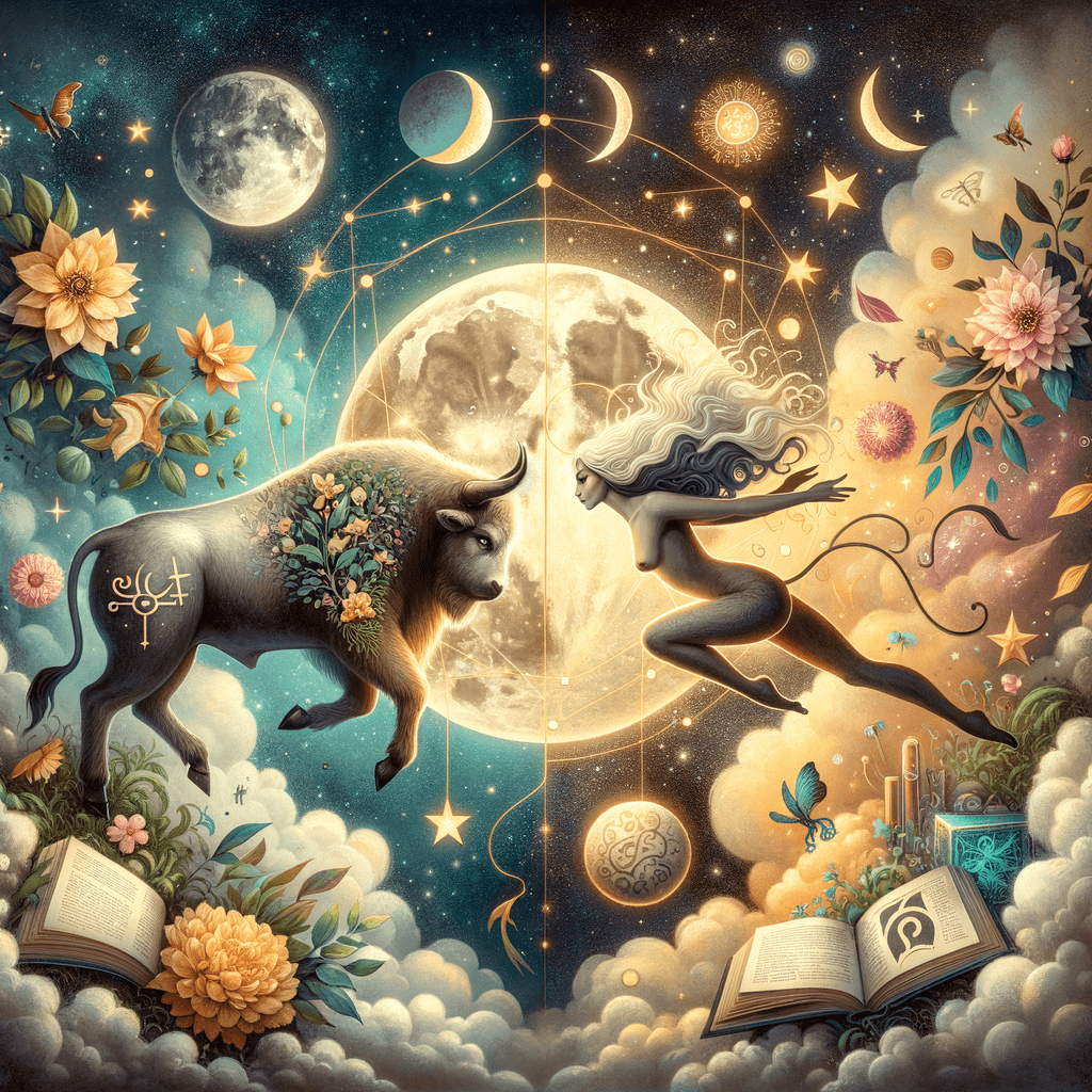 Illustration of moon with Taurus bull and Gemini twins icons, showing astrological compatibility between Taurus and Gemini.