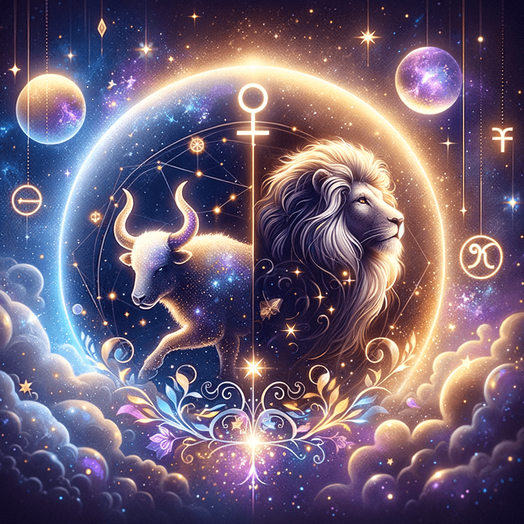 Moon between Taurus bull and Leo lion zodiac symbols, illustrating moon sign compatibility.