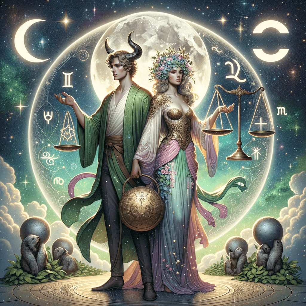 Moon sign compatibility illustration: Taurus bull and Libra scales inside crescent moons, symbolizing balance and partnership