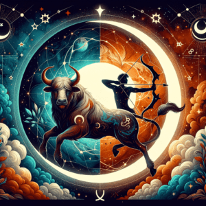 Image d'en-tête pour la compatibilité des signes lunaires montrant les symboles du Taureau (taureau) et du Sagittaire (archer) avec un croissant de lune.