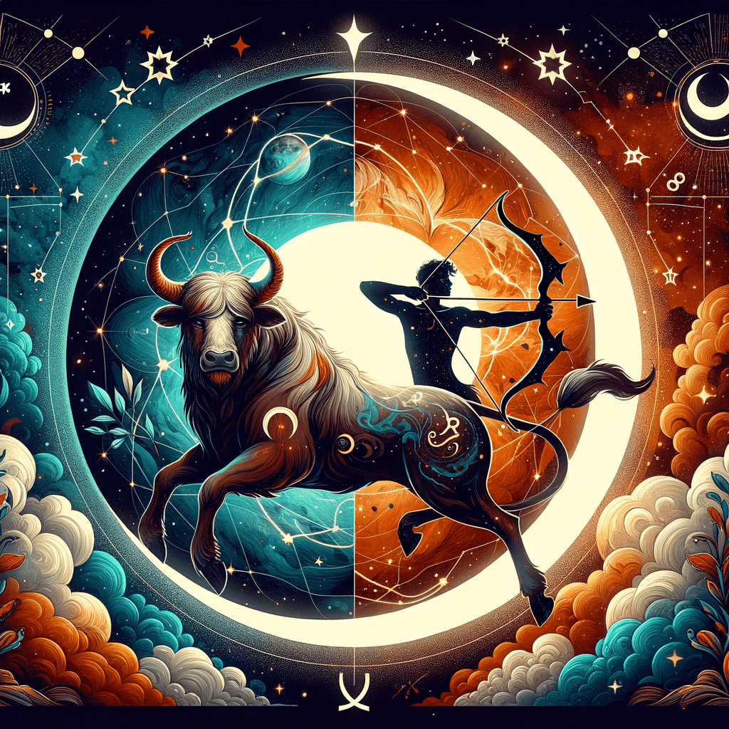 Header image for moon sign compatibility showing Taurus bull and Sagittarius archer symbols with a crescent moon