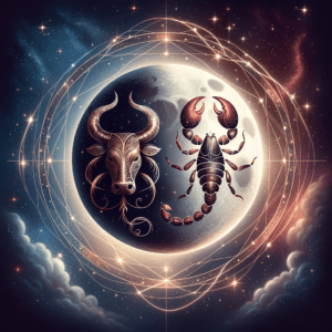 La lune surplombant un taureau en Taureau et un scorpion en Scorpion se faisant face, représentant le guide de compatibilité entre le Taureau et le Scorpion.