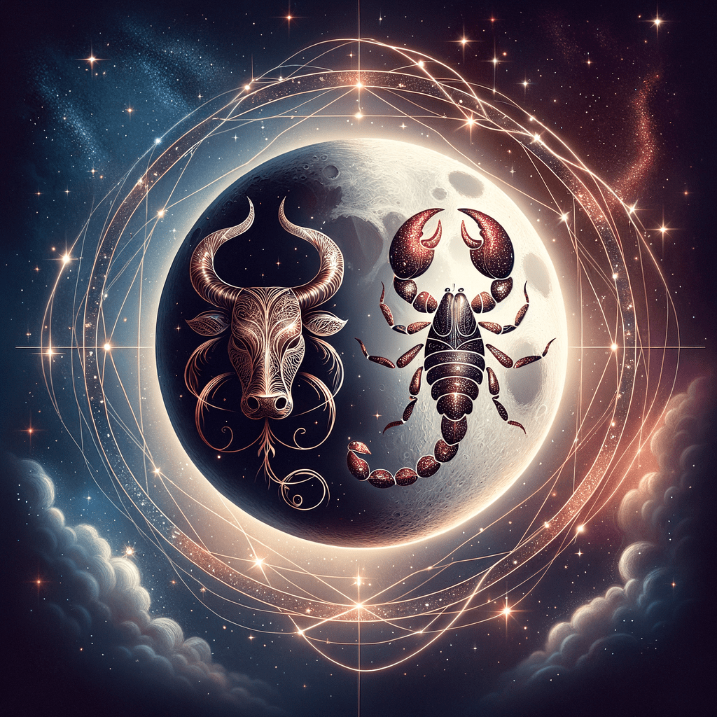 Moon over a Taurus bull and Scorpio scorpion symbols facing each other, representing Taurus and Scorpio compatibility guide.