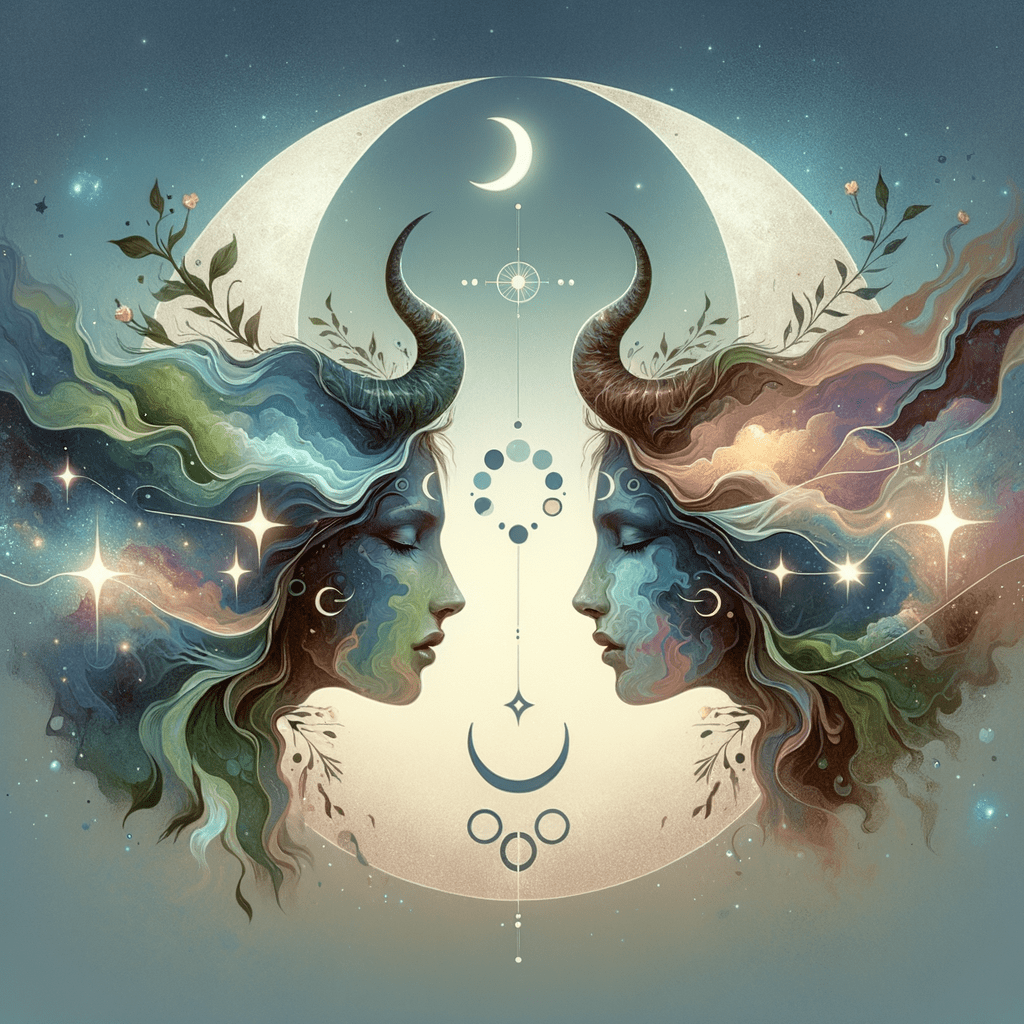 Two Taurus bull icons under crescent moons, symbolizing Taurus Moon compatibility and a steady, grounded emotional bond.