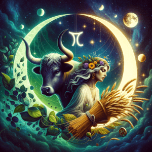 Moon between Taurus bull and Virgo maiden zodiac symbols on a starry background, representing moon sign compatibility.