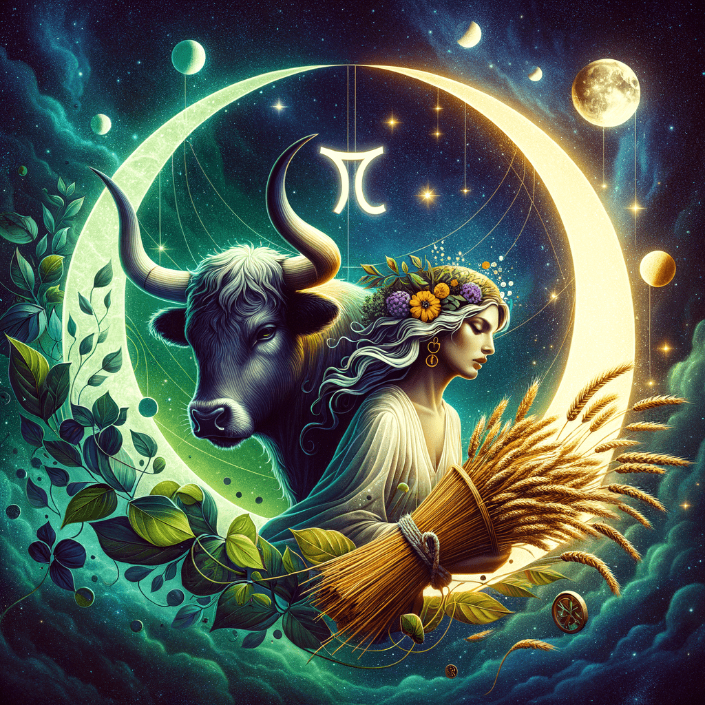Moon between Taurus bull and Virgo maiden zodiac symbols on a starry background, representing moon sign compatibility.