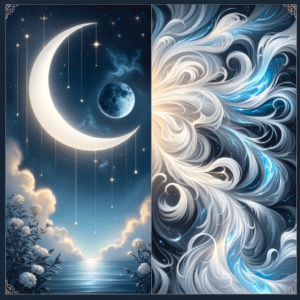 Un croissant de lune sur des eaux calmes et des fleurs blanches, bercés par des courants d’air tourbillonnants blancs et bleus : symbole de compatibilité entre la Lune en Vierge et la Lune en Verseau.