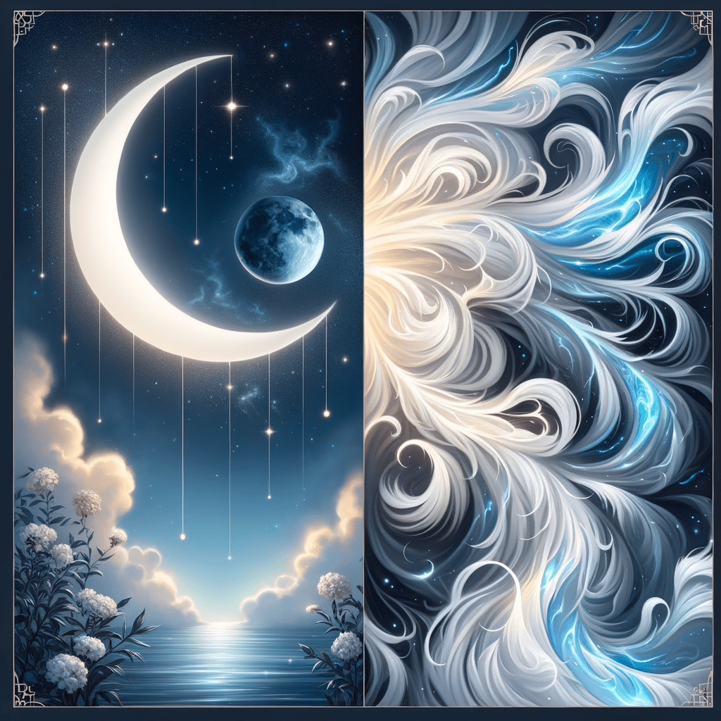 A crescent moon over calm water and white flowers beside swirling white and blue air currents, for Virgo Moon and Aquarius Moon compatibility.