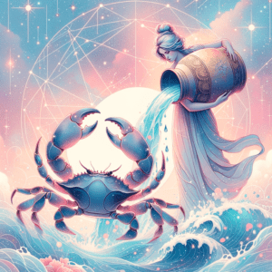 Cancer et Verseau se font face sous le soleil et les étoiles, symbolisant la compatibilité entre le Cancer et le Verseau.
