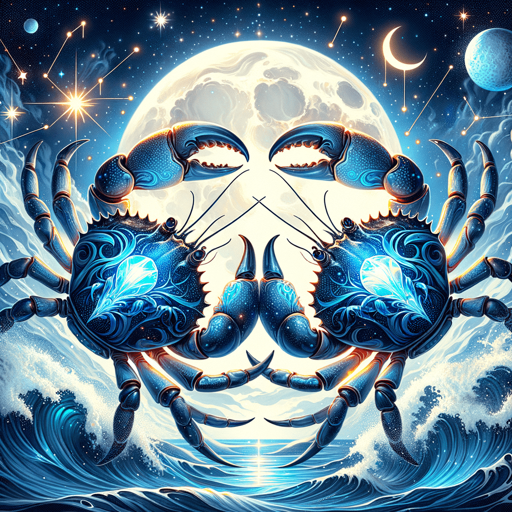 Deux symboles du Cancer se faisant face, ornés de motifs de lune et d'eau, représentant la compatibilité entre deux Cancers.