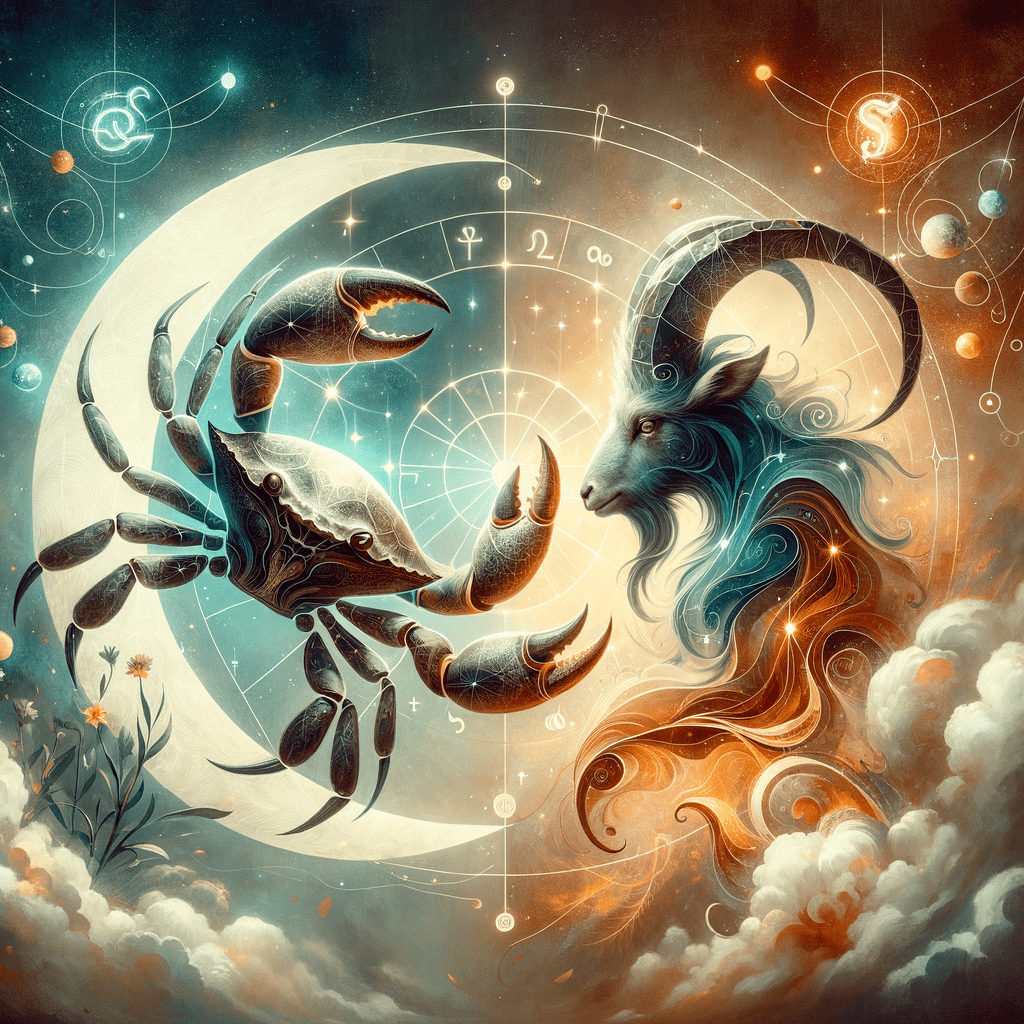 Graphique comparant les symboles astrologiques du Cancer (crabe) et du Capricorne (chèvre de mer) côte à côte, avec le titre ' Compatibilité des signes solaires '.'