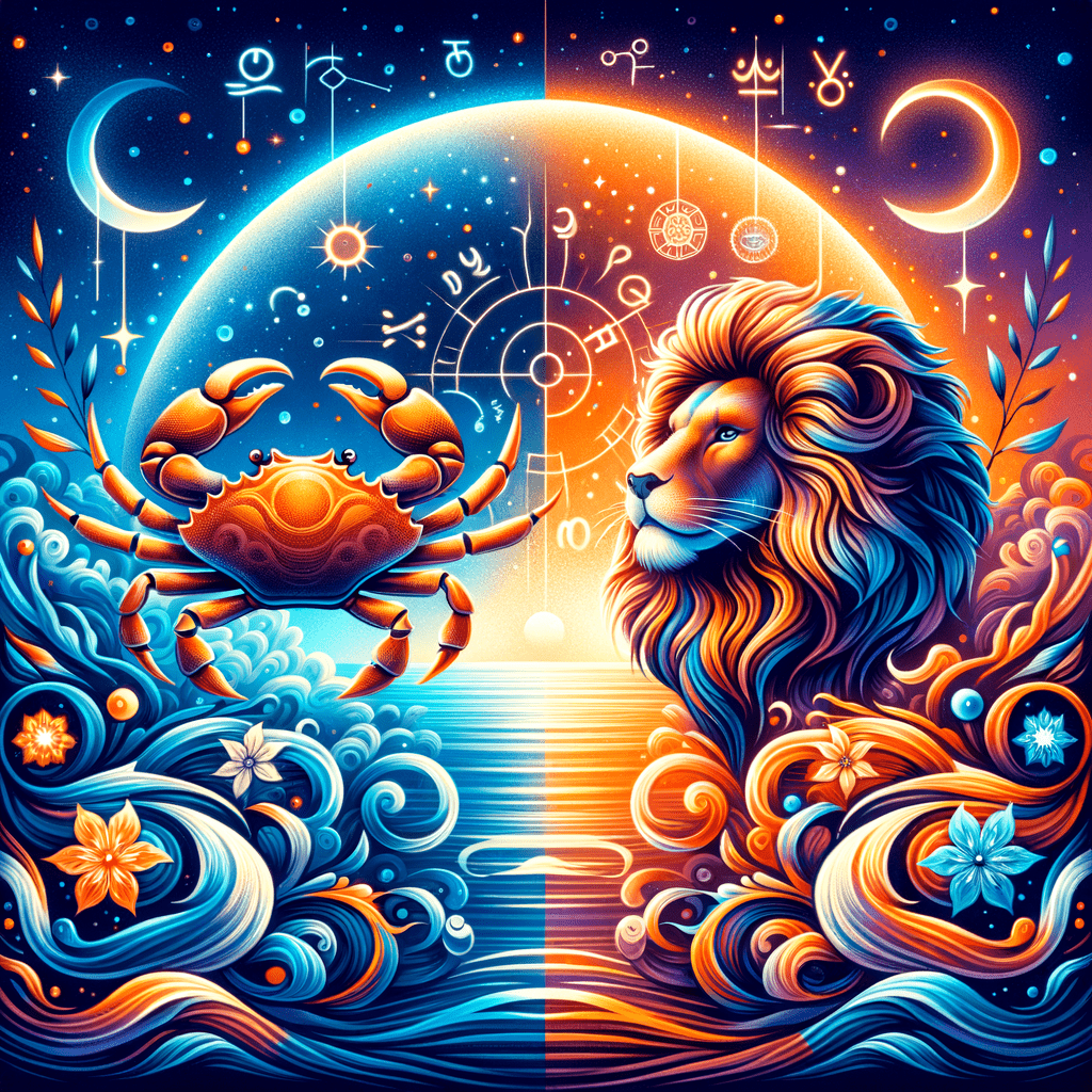 Les symboles astrologiques du Cancer (crabe) et du Lion (lion) se font face, illustrant la compatibilité entre le Cancer et le Lion.