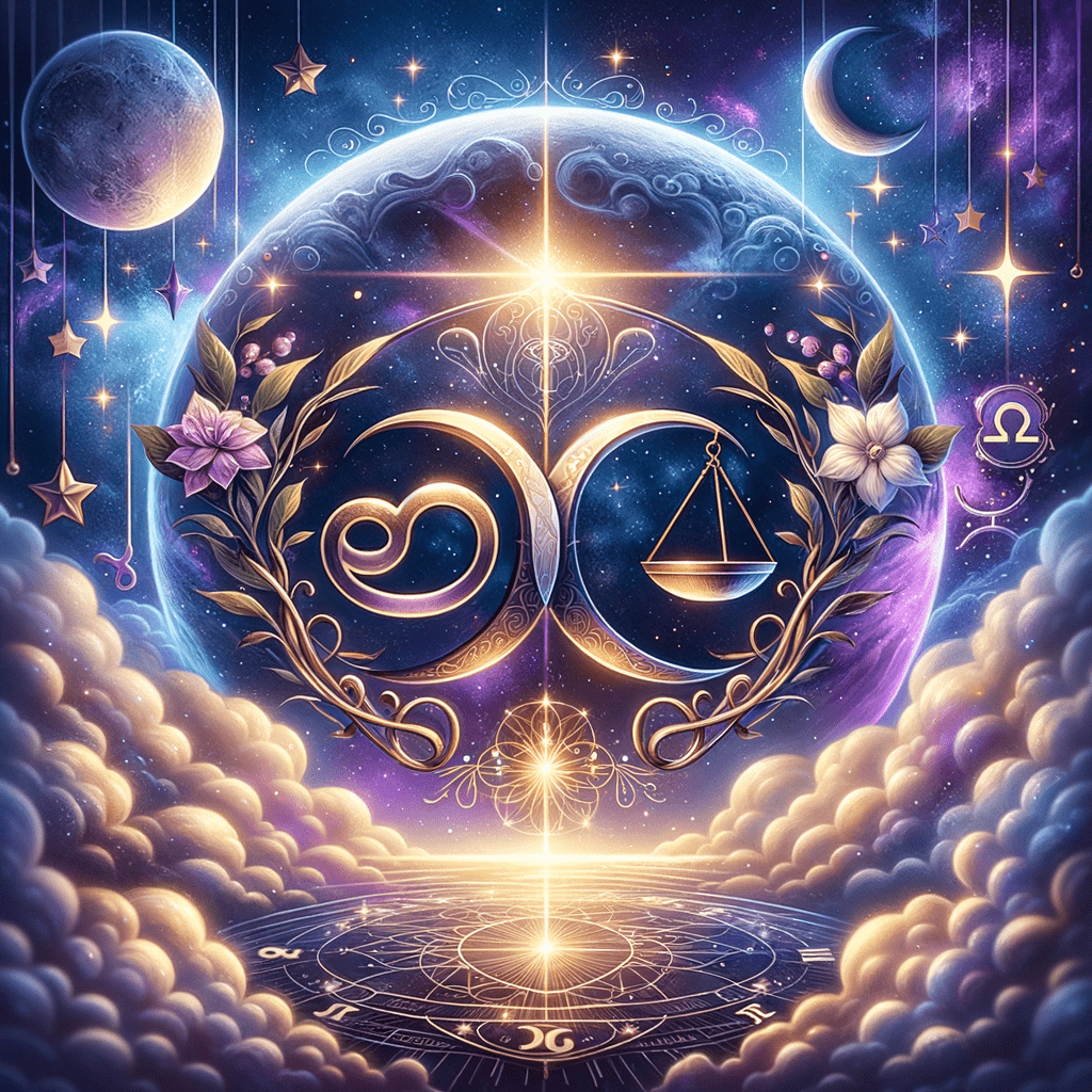 Illustration des symboles astrologiques du Cancer et de la Balance se faisant face, un soleil les séparant, symbolisant la compatibilité.